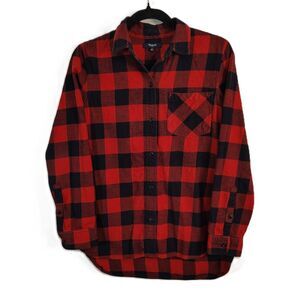 MADEWELL Cotton Plaid Flannel SMALL Women Red Black Long Sleeve Button Up Shirt